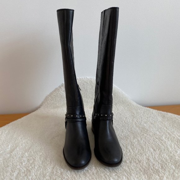 Lucky Brand Women's Karesi Leather Stacked Heel Harness Knee-High, Black, Size 7 - Picture 2 of 12